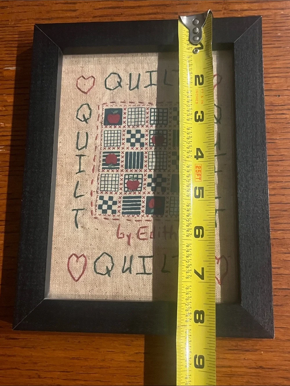 Framed Embroidered Quilt Wall Tapestry in Beige, Blue & Red